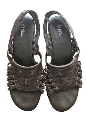 Artiva Brown Leather Slingback Sandals Woven Cutout Detail Comfort Shoes Sz 11